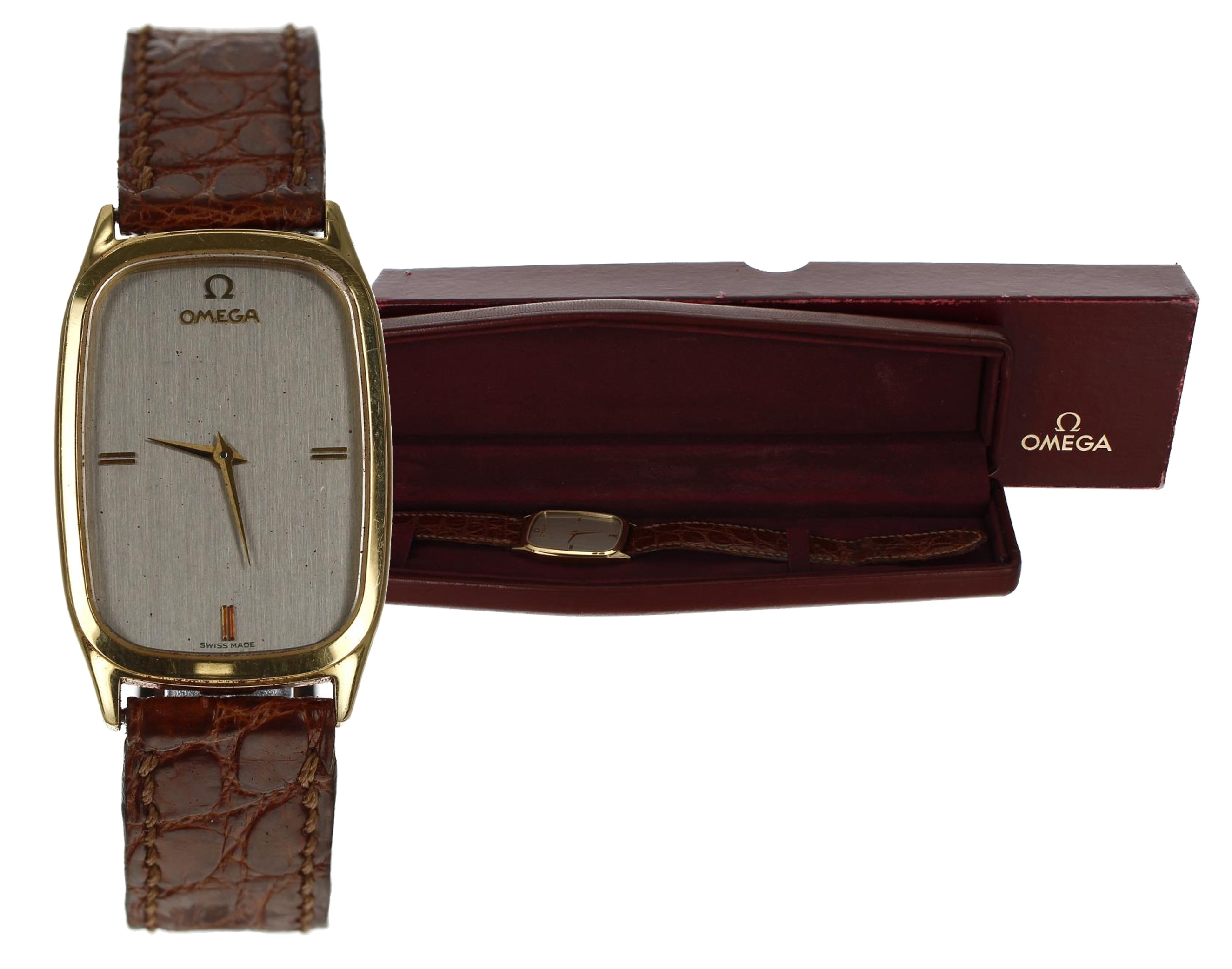 Omega 18ct rectangular mid-size dress wristwatch, rectangular grey dial with gilt markers, cal.