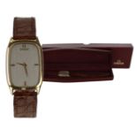 Omega 18ct rectangular mid-size dress wristwatch, rectangular grey dial with gilt markers, cal.