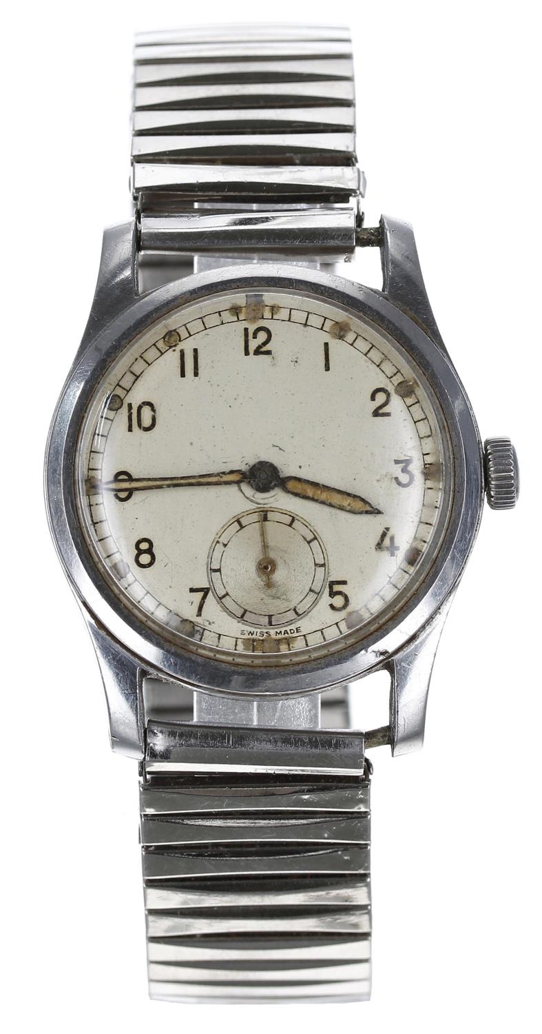 Record WWII British Military Army issue mid-size stainless steel gentleman's wristwatch, circular