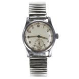 Record WWII British Military Army issue mid-size stainless steel gentleman's wristwatch, circular