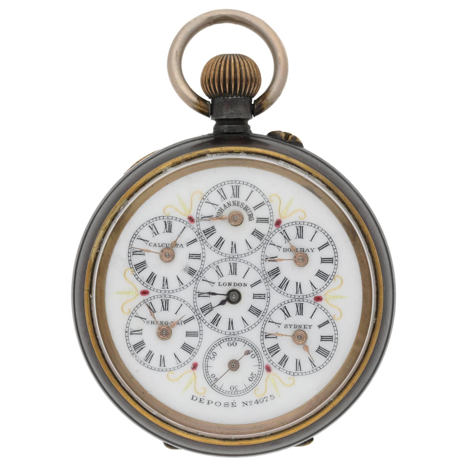 Swiss World Time gunmetal lever pocket watch, pin-set gilt frosted bar movement with compensated - Image 2 of 5