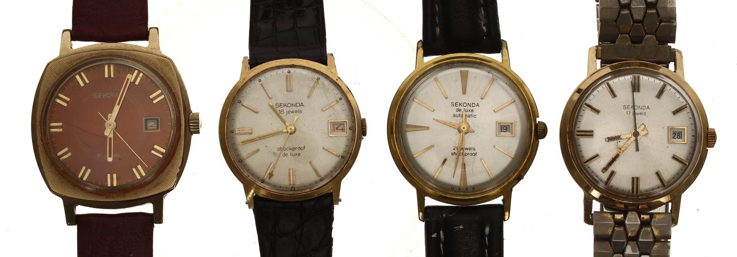 Sekonda gold plated and stainless steel gentleman's wristwatch, 21 jewel, modern burgundy leather