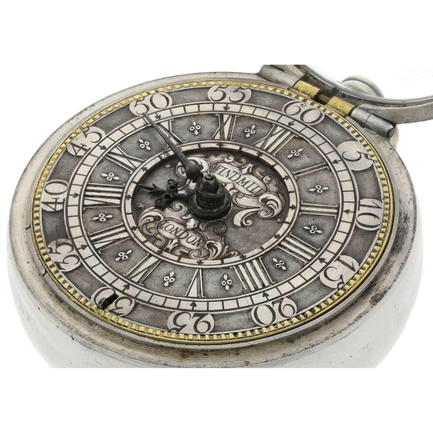Windmills, London - English early 18th century silver pair cased verge pocket watch, circa 1705, the - Image 8 of 11