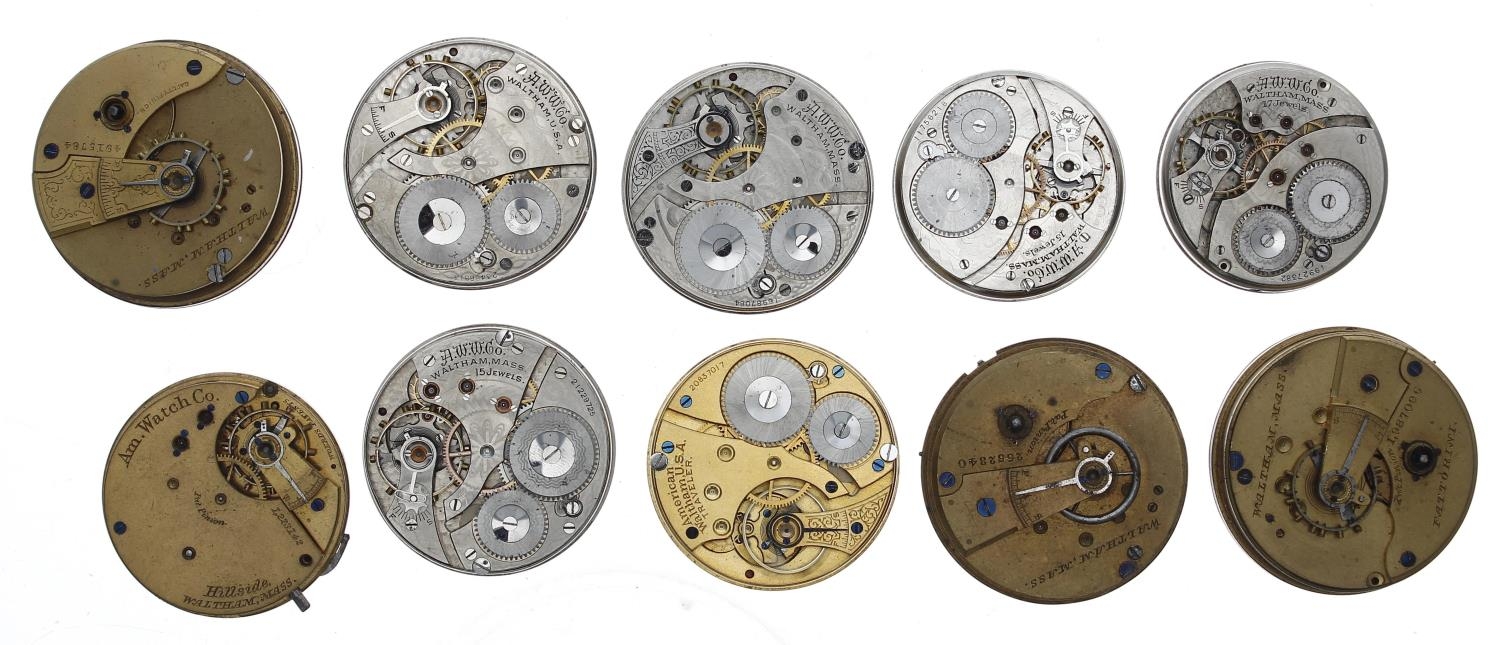 Ten American Waltham lever pocket watch movements, including 'Hillside' 'Fattorini' and '