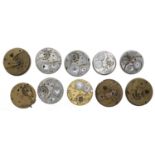 Ten American Waltham lever pocket watch movements, including 'Hillside' 'Fattorini' and '