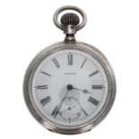 Longines - silver lever set pocket watch, London 1884, signed movement with compensated balance
