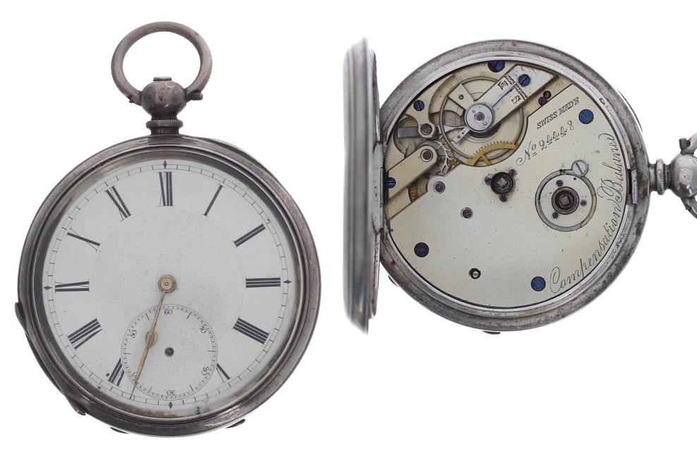 Swiss silver (0.935) lever pocket watch, three quarter plate movement inscribed 'Compensated