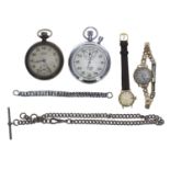 Sekonda chrome cased pocket stopwatch, 55mm; together with a Ingersoll Triumph pocket watch for