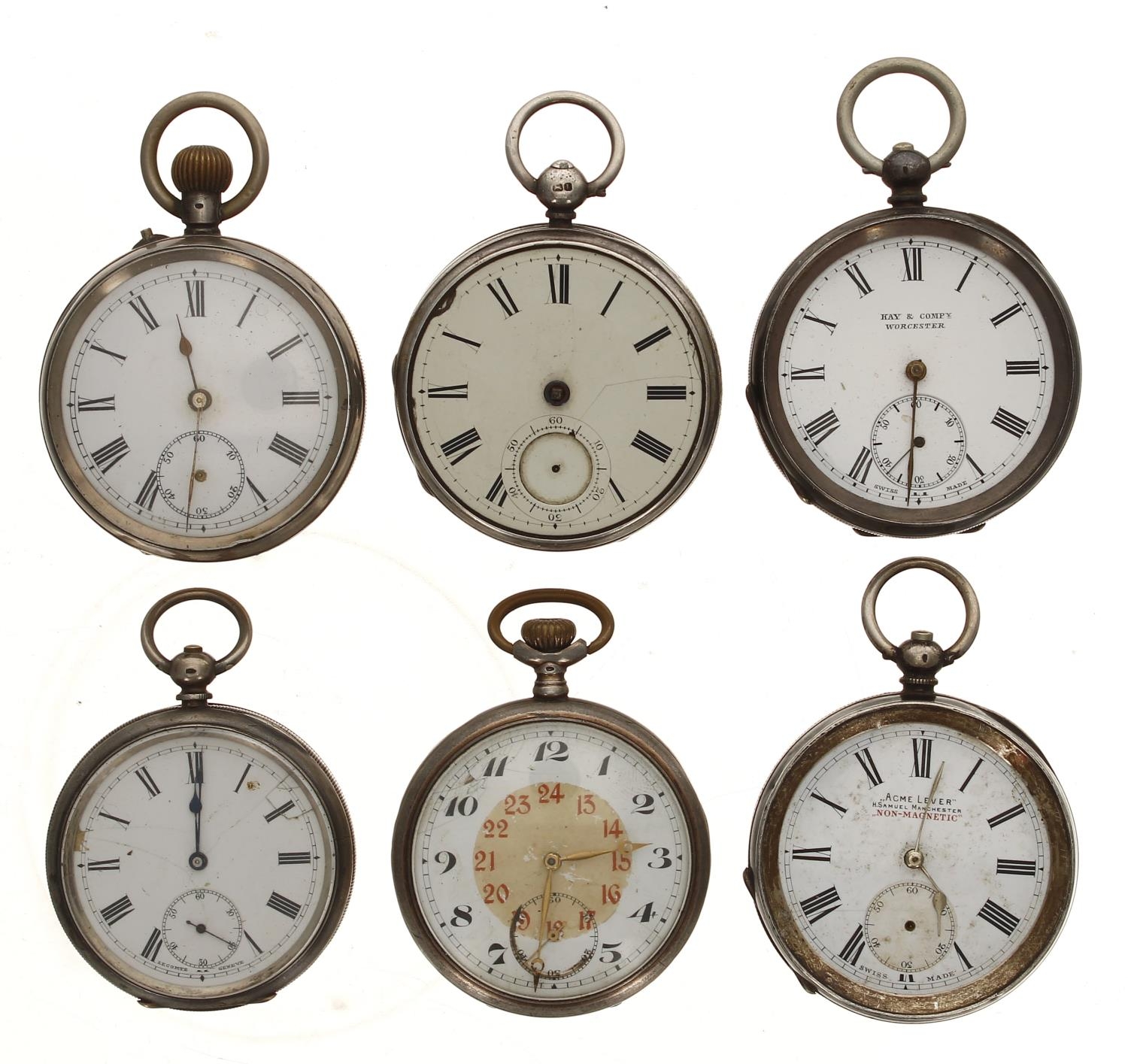 Six silver pocket watches for repair to include fusee lever, lever and cylinder examples