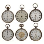 Six silver pocket watches for repair to include fusee lever, lever and cylinder examples