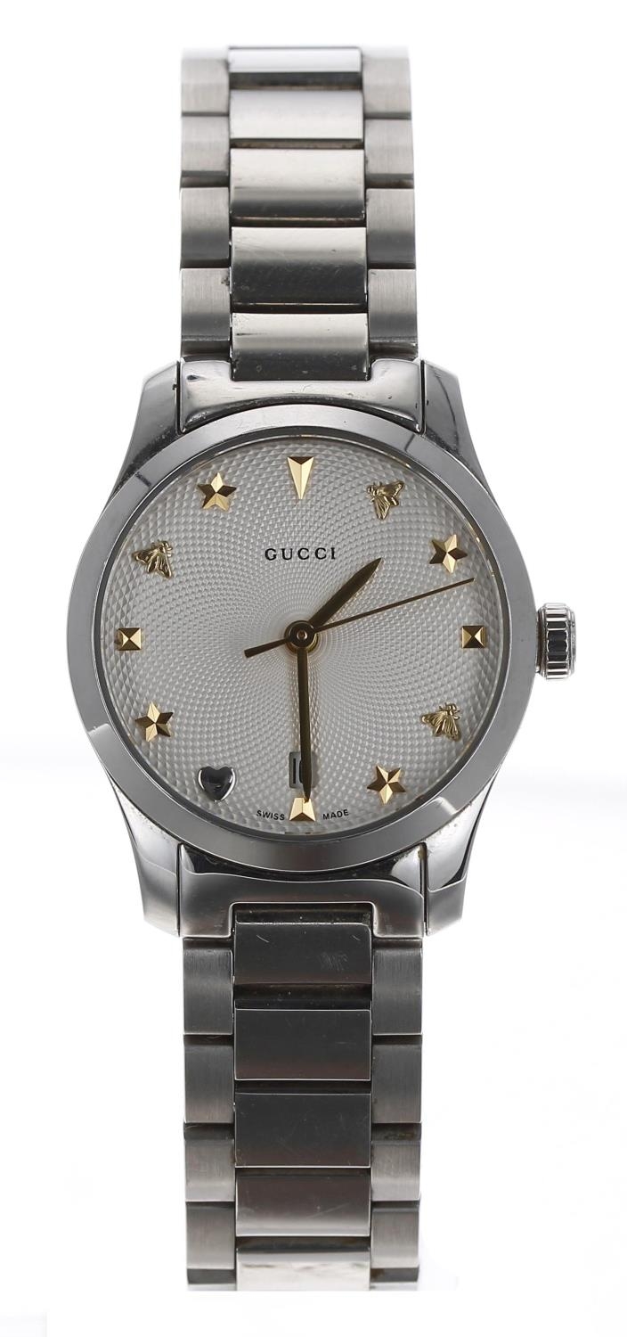 Gucci G-Timeless stainless steel lady's wristwatch, reference no. 126.5, silvered guilloche dial