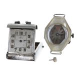 White metal travel purse watch for repair, silver dial signed Omega, 36mm x 31mm; together with an