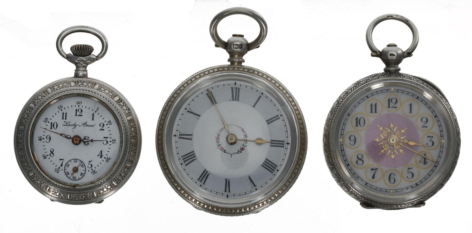 Silver (0.800) Lady Ann cylinder engraved fob watch, 33mm; together with a silver cylinder floral