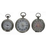 Silver (0.800) Lady Ann cylinder engraved fob watch, 33mm; together with a silver cylinder floral
