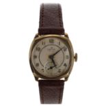 Smiths De Luxe 9ct cushion cased gentleman's wristwatch, Birmingham 1955, circular silvered dal with