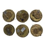 Six fusee verge pocket watch movements, including makers Edmonds, Liverpool; Goodwin & Co.,