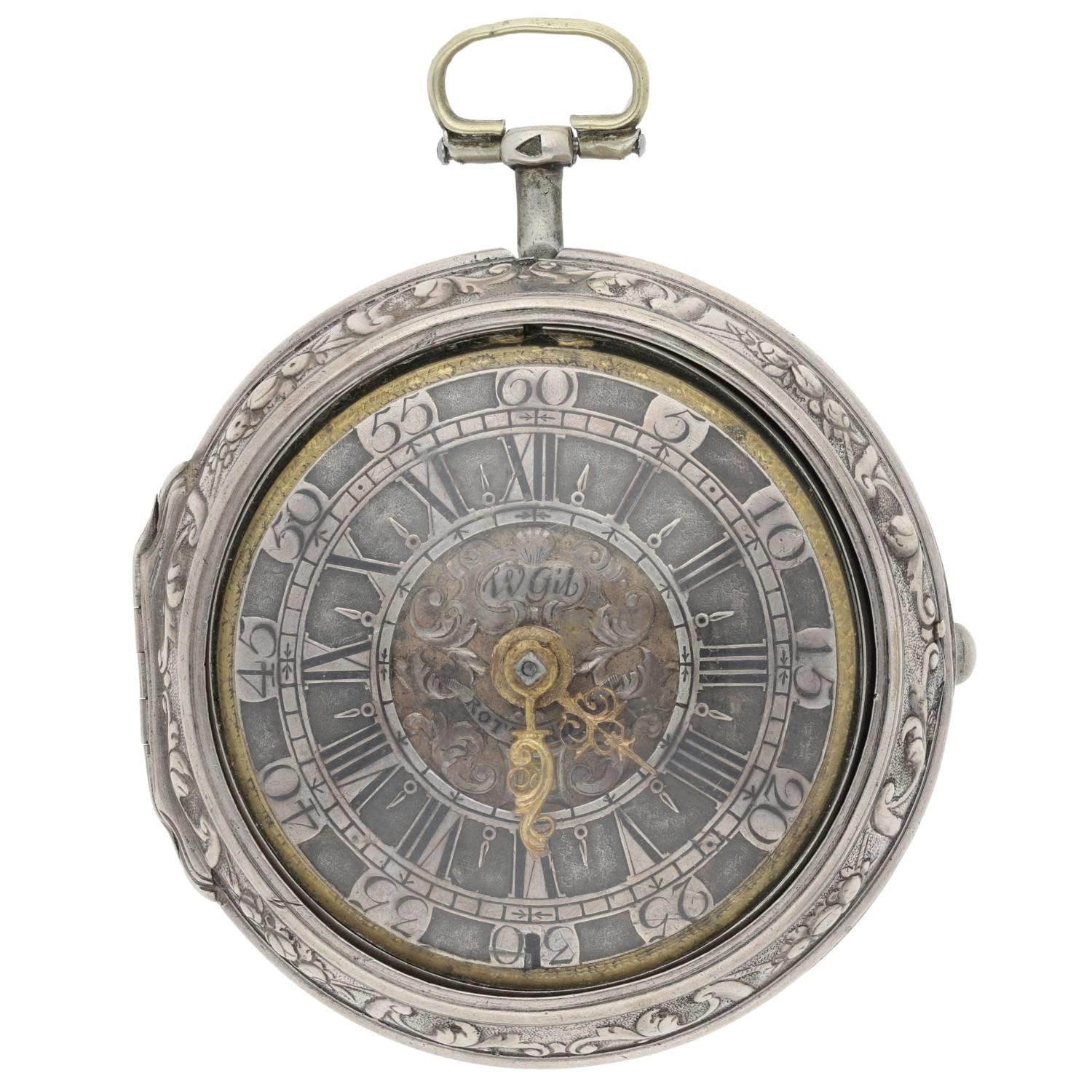 William Gib, Rotterdam -  Dutch early 18th century silver pair cased verge calendar pocket watch, - Bild 2 aus 11