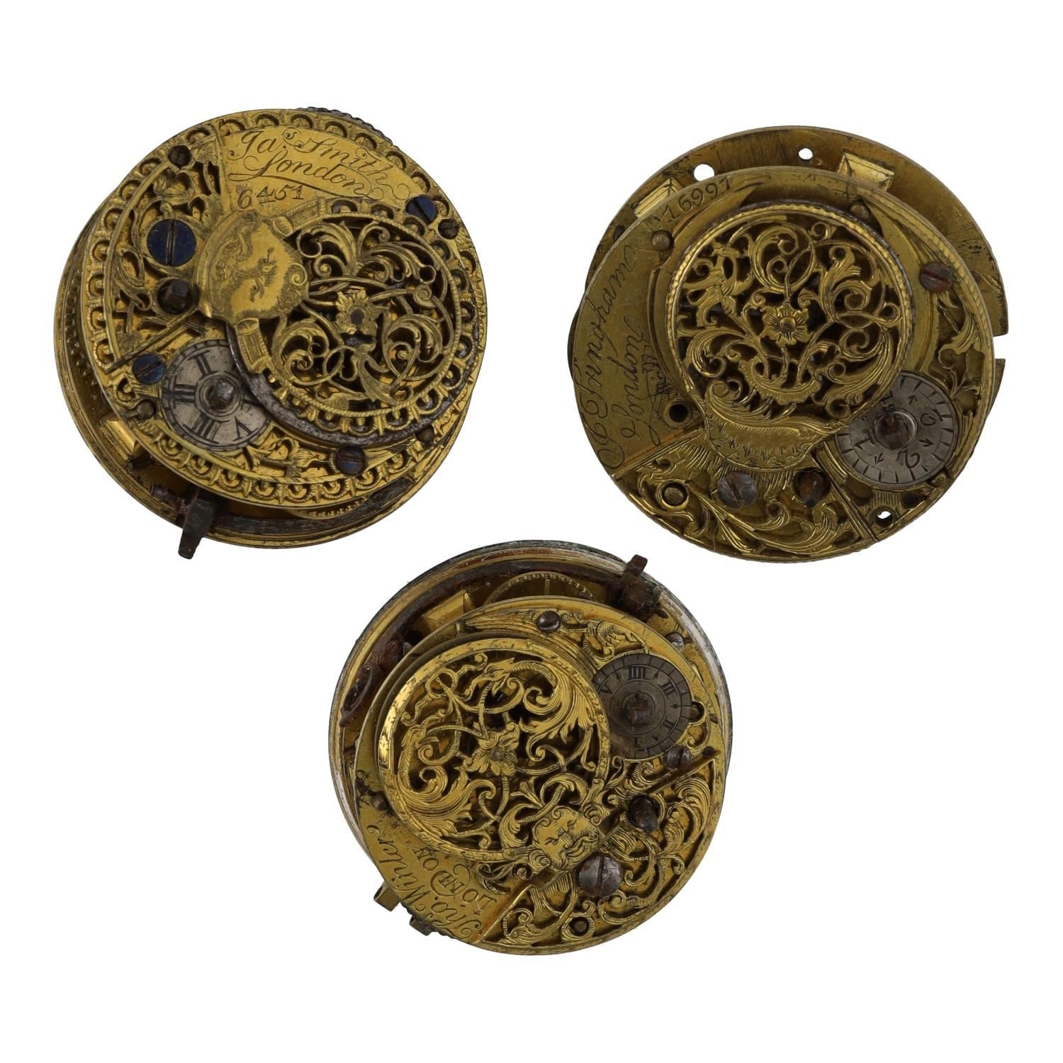 Three fusee verge pocket watch movements for repair, makers Jas Smith, London; Thos Winler,