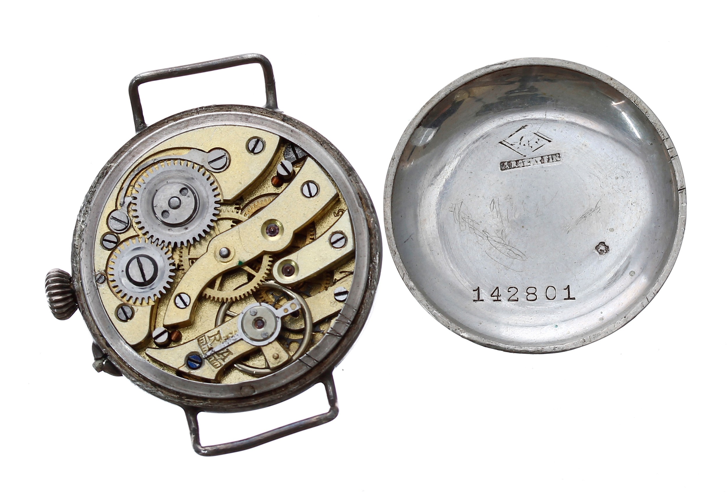 French silver wire-lug cylinder wristwatch, case no. 142801, circular enamel dial with Arabic - Image 3 of 3