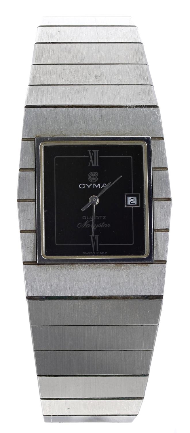 Cyma Navystar Quartz stainless steel gentleman's wristwatch, squared black dial with Roman twelve