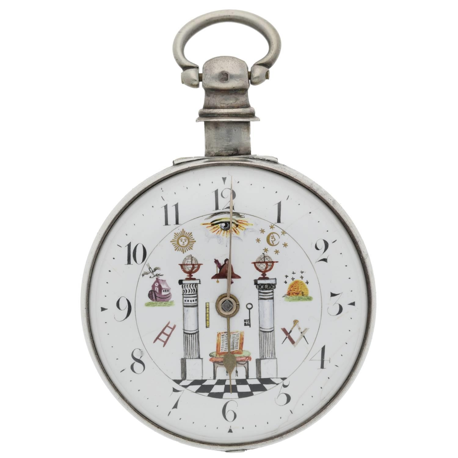 Masonic Interest - late George III silver pair cased verge pocket watch, Birmingham 1815, unsigned - Image 3 of 10