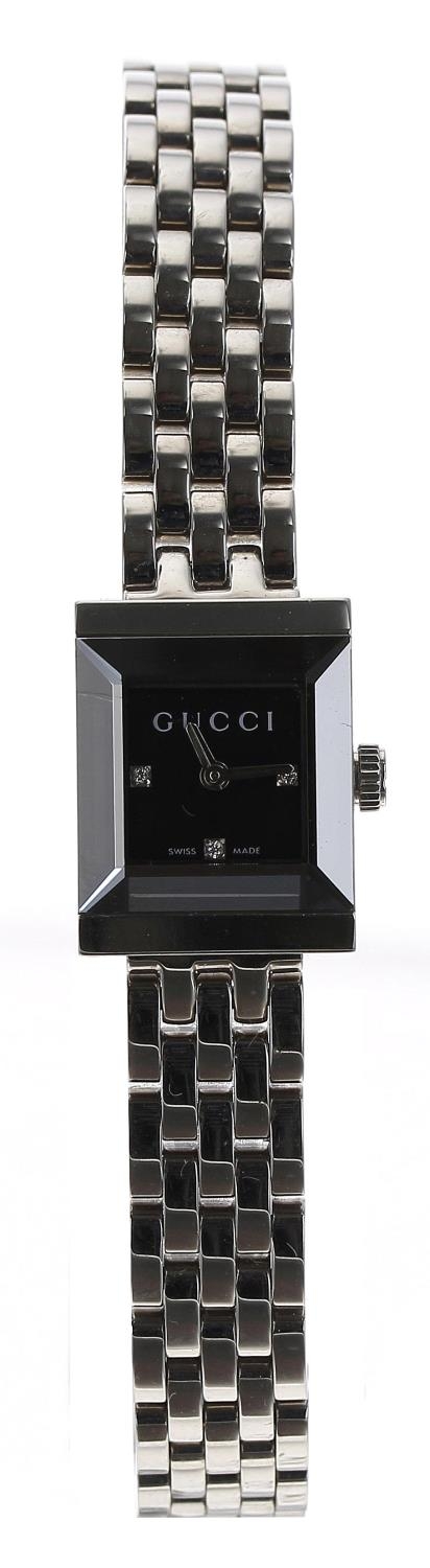 Gucci G-Frame square cased lady's wristwatch, reference no. 128.5, square black dial with diamond