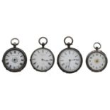 Four silver cylinder fob watches for repair (4)