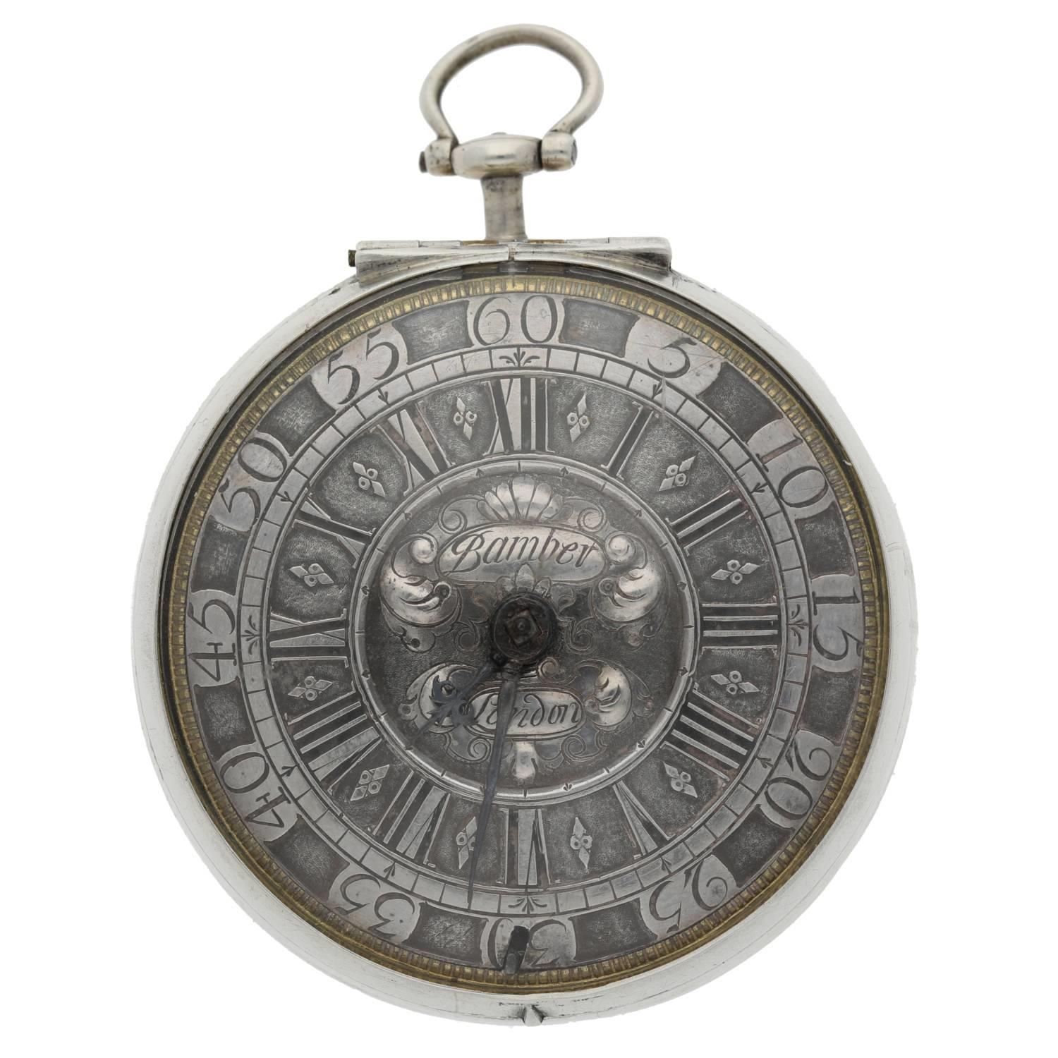 Thomas Bamber, London - English early 18th century silver pair cased verge pocket watch, signed deep - Image 3 of 10