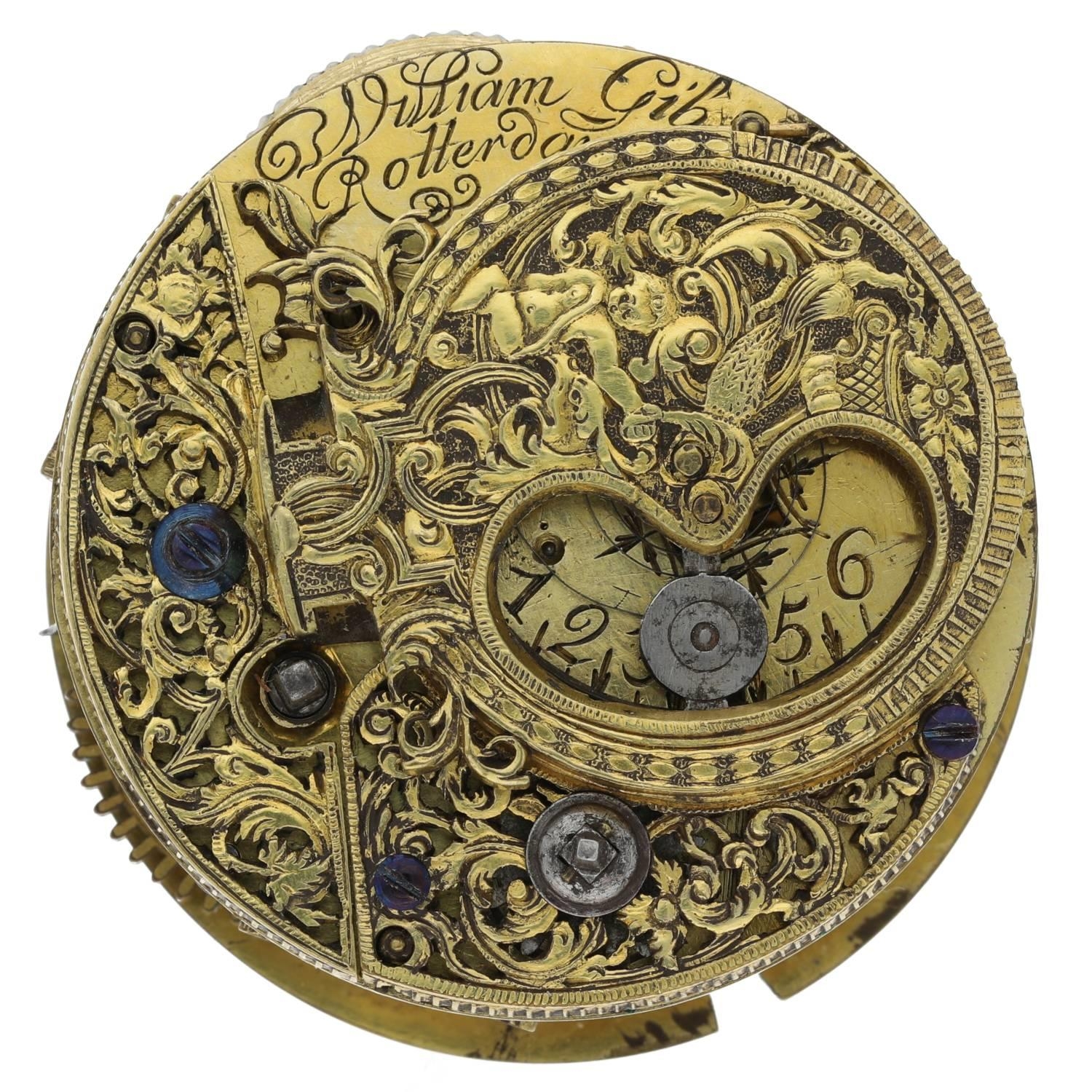 William Gib, Rotterdam - Dutch 18th century 'mock pendulum' verge pocket watch movement, signed