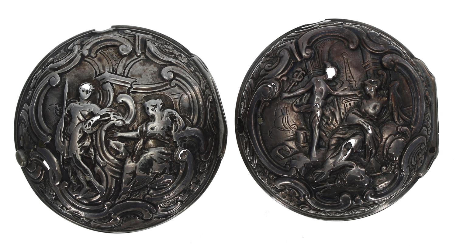 Two English 18th century repoussé silver pocket watch outer cases, each depicting figural scenes