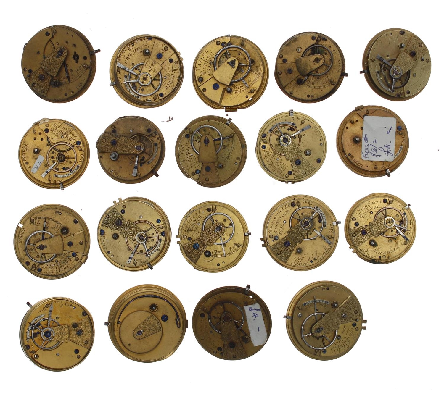 Nineteen small fusee lever pocket watch movements (19)