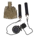 Bakelite style chatelaine with attached fob watch case with applied Roman numerals and two