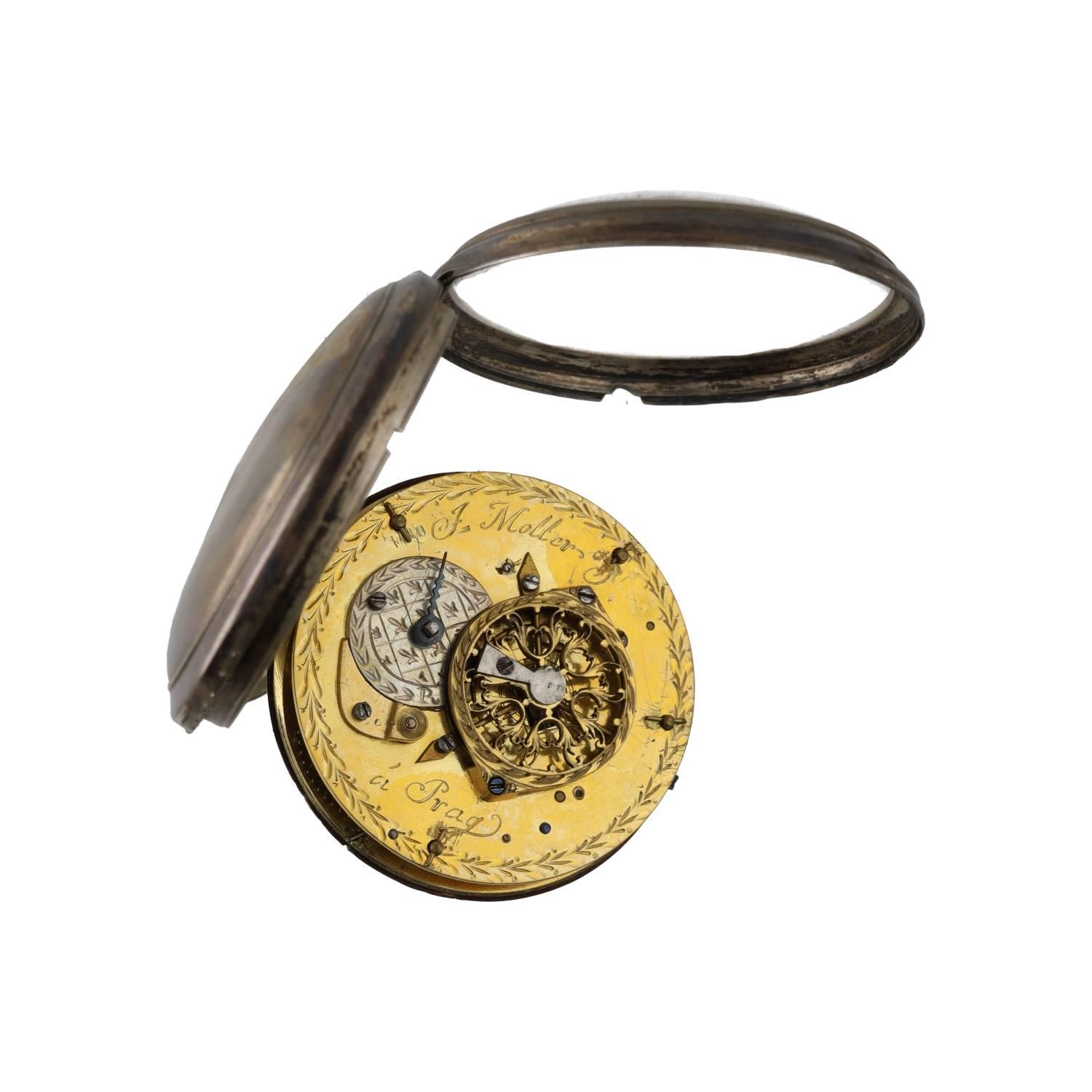 Mid-19th century silver verge pair cased pocket watch for repair, maker F. Moore, London, Roman - Image 3 of 4