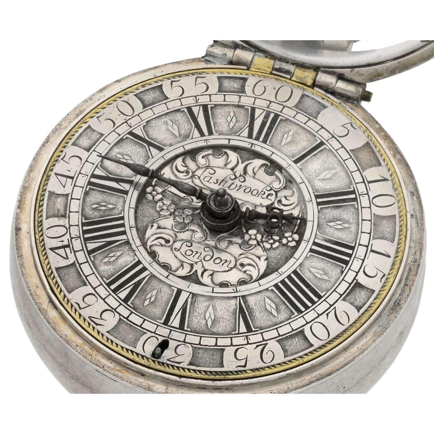 Thomas Lashbrook, London - English early 18th century silver pair cased verge pocket watch, circa - Image 11 of 11