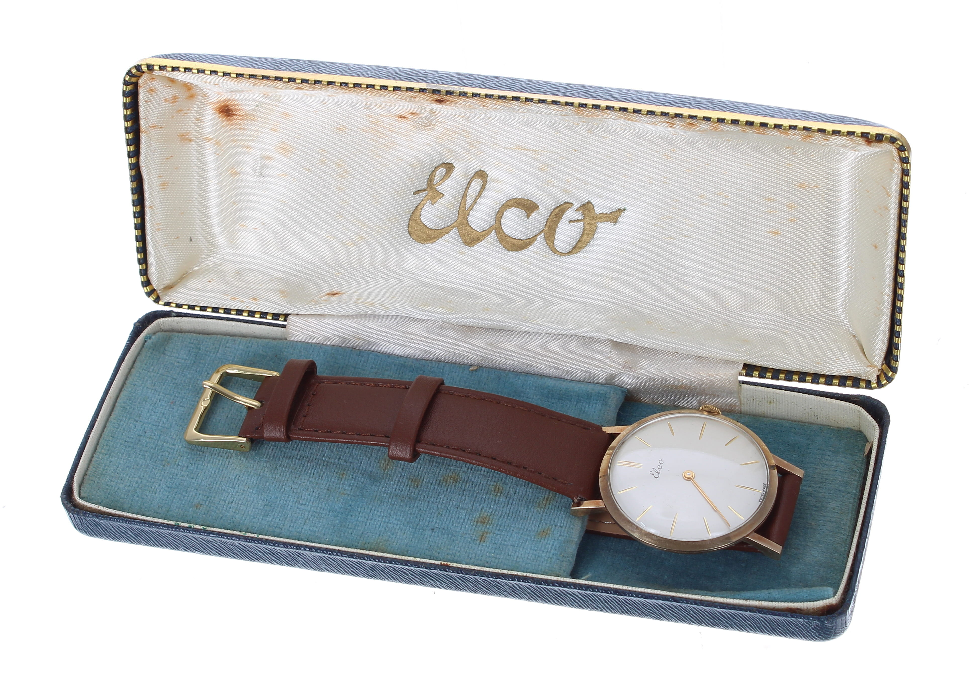 Elco 9ct gentleman's wristwatch, London 1960, circular silvered dial with gilt baton markers, gilt - Bild 3 aus 3