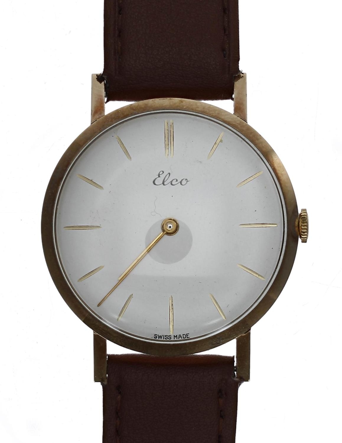 Elco 9ct gentleman's wristwatch, London 1960, circular silvered dial with gilt baton markers, gilt