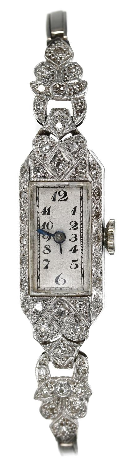 Attractive 1920s platinum and diamond lady's cocktail watch, case no. 3890, rectangular silvered