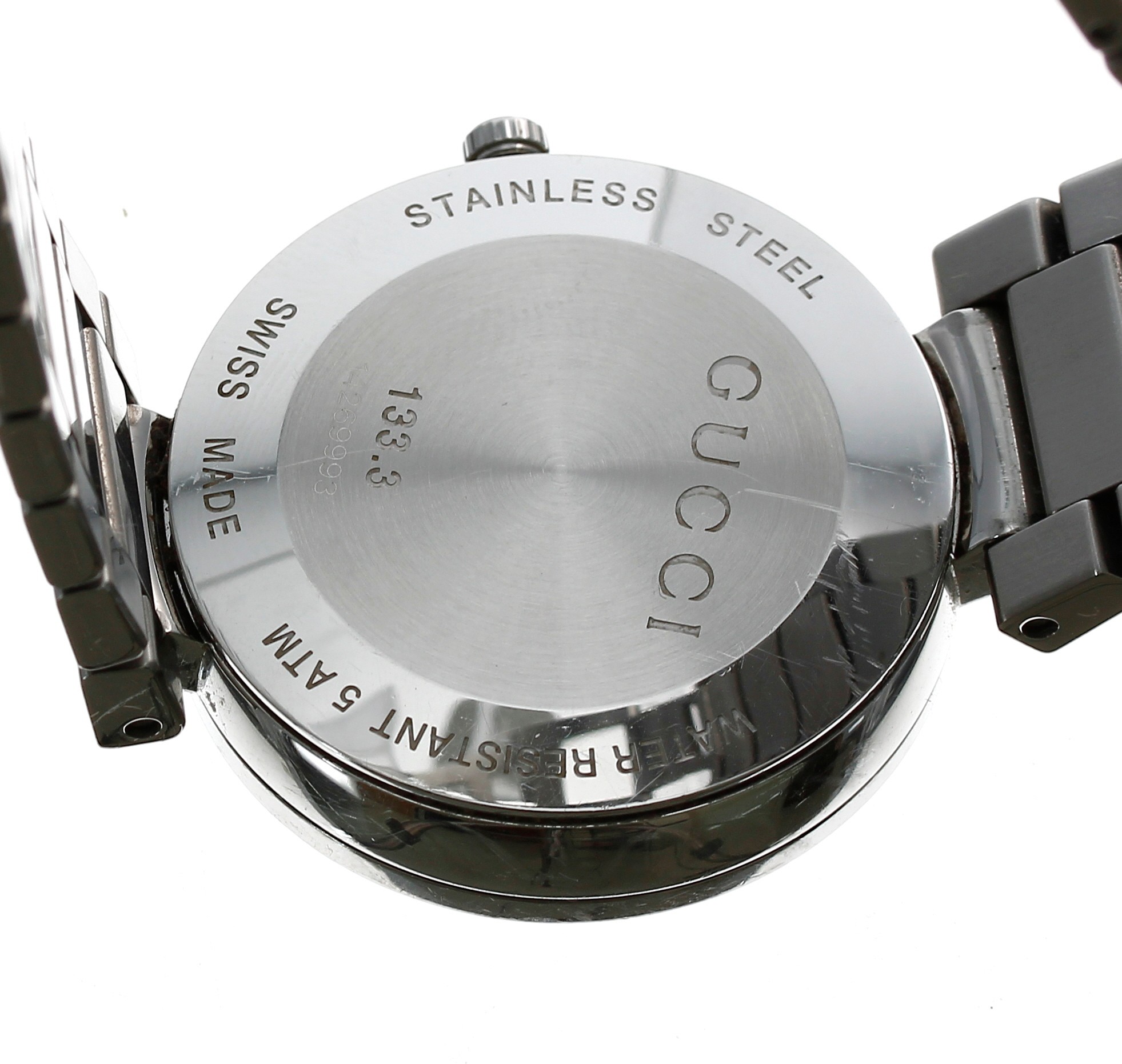 Gucci stainless steel wristwatch, reference no. 133.3, black dial, quartz, Gucci bracelet with - Image 2 of 3