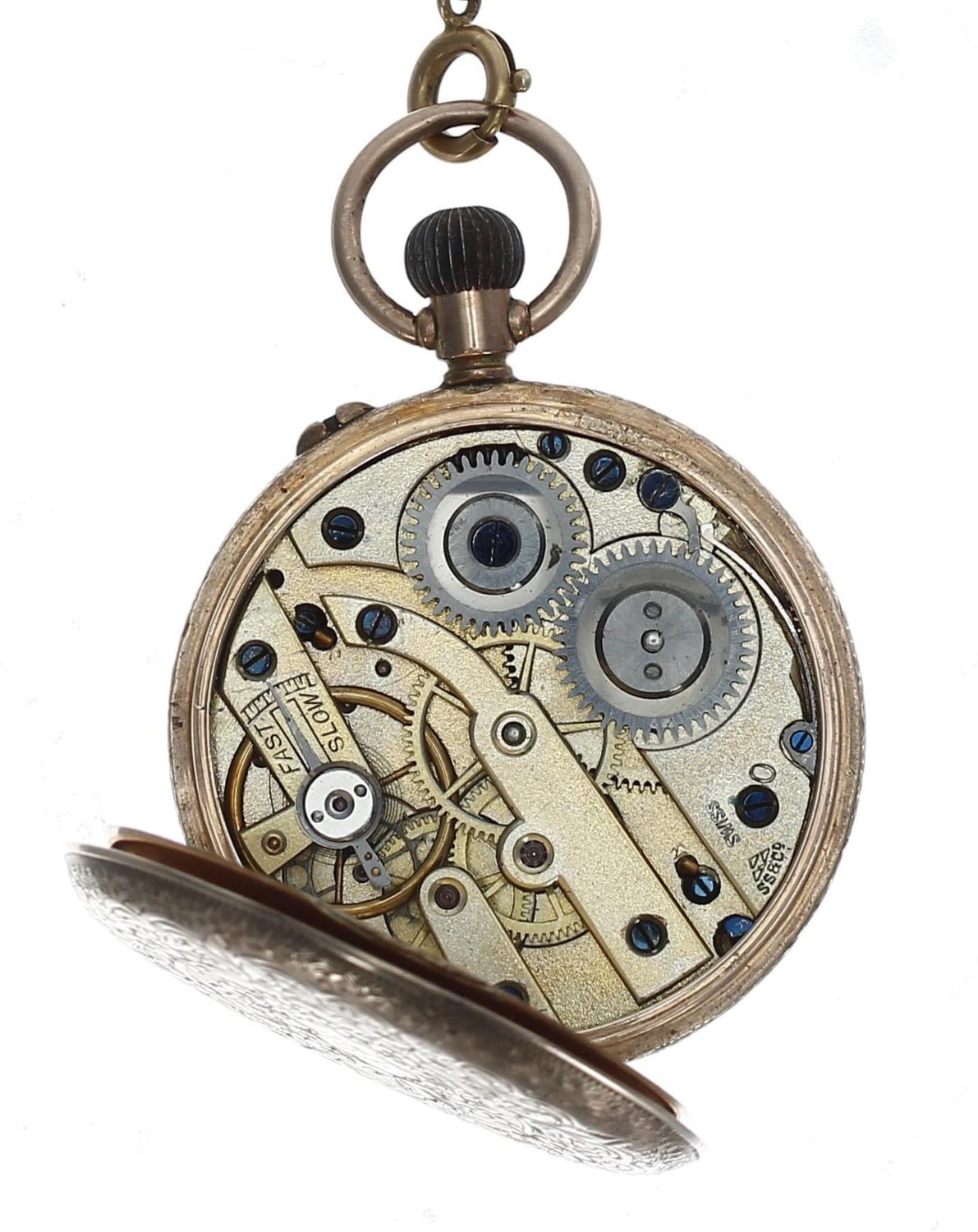 9ct cylinder engraved fob watch, import hallmarks London 1908, gilt frosted bar movement, 9ct hinged - Bild 2 aus 3