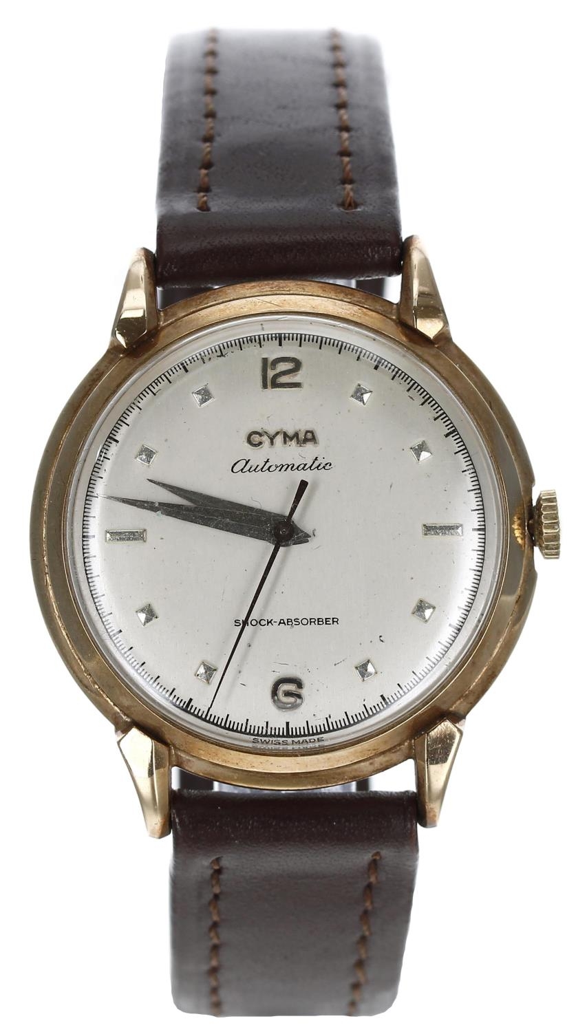 Cyma 9ct 'bumper' automatic gentleman's wristwatch, London 1954, circular silvered dial, signed cal.