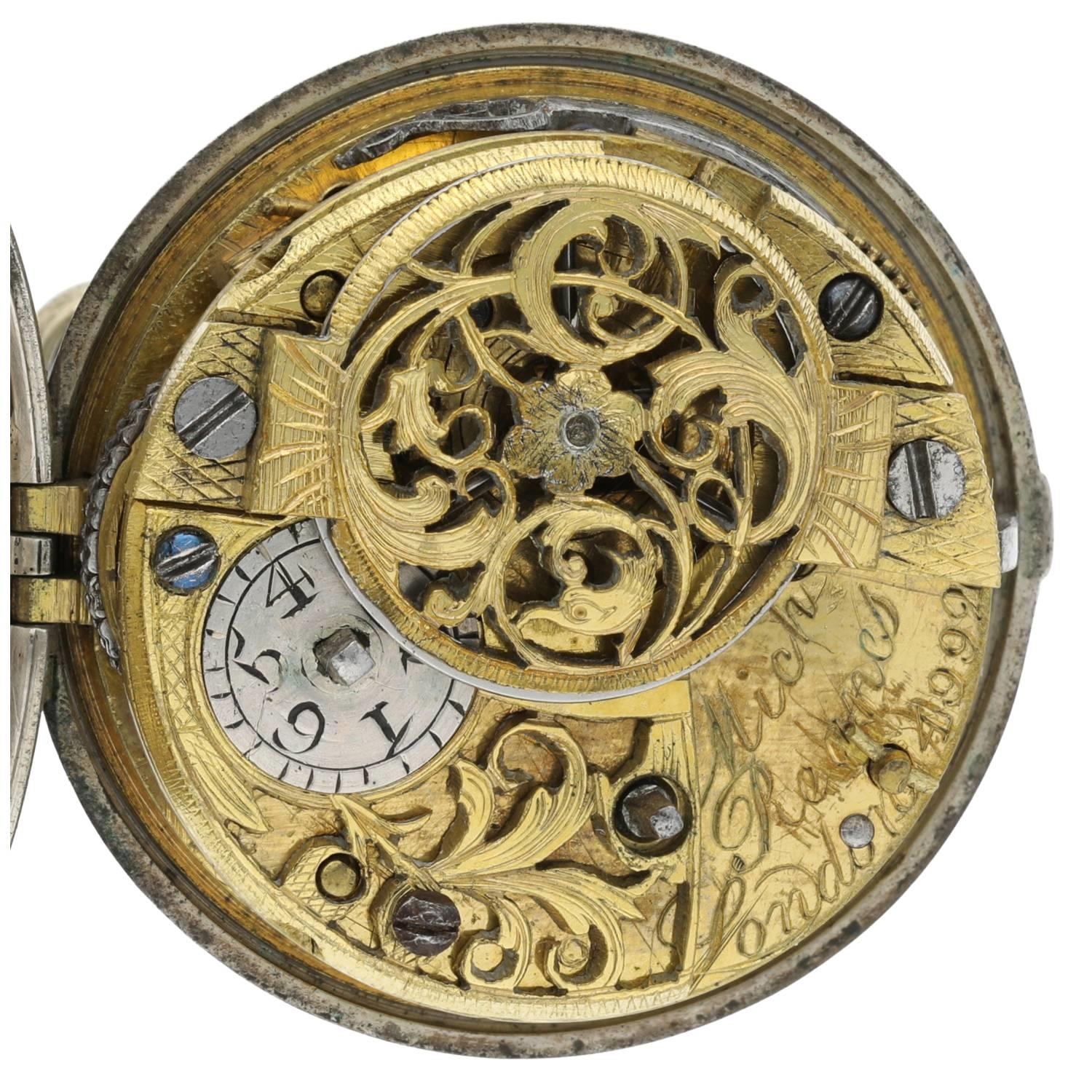 Mich Reanes, London - English 18th century repoussé silver pair cased verge pocket watch, London - Image 4 of 10