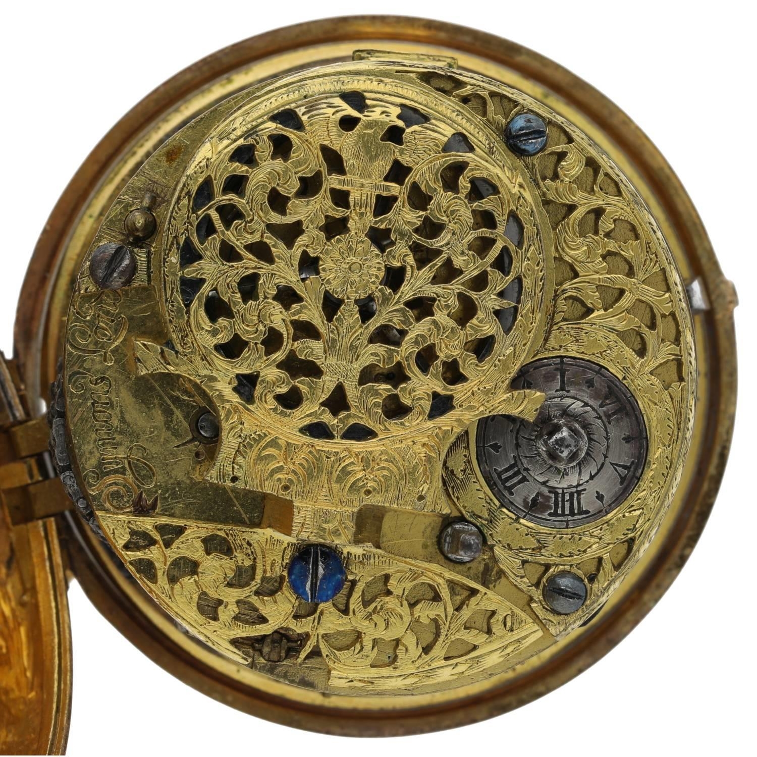 Symons, London - late 17th century English gold and gilt pair cased verge pocket watch, signed - Image 7 of 11