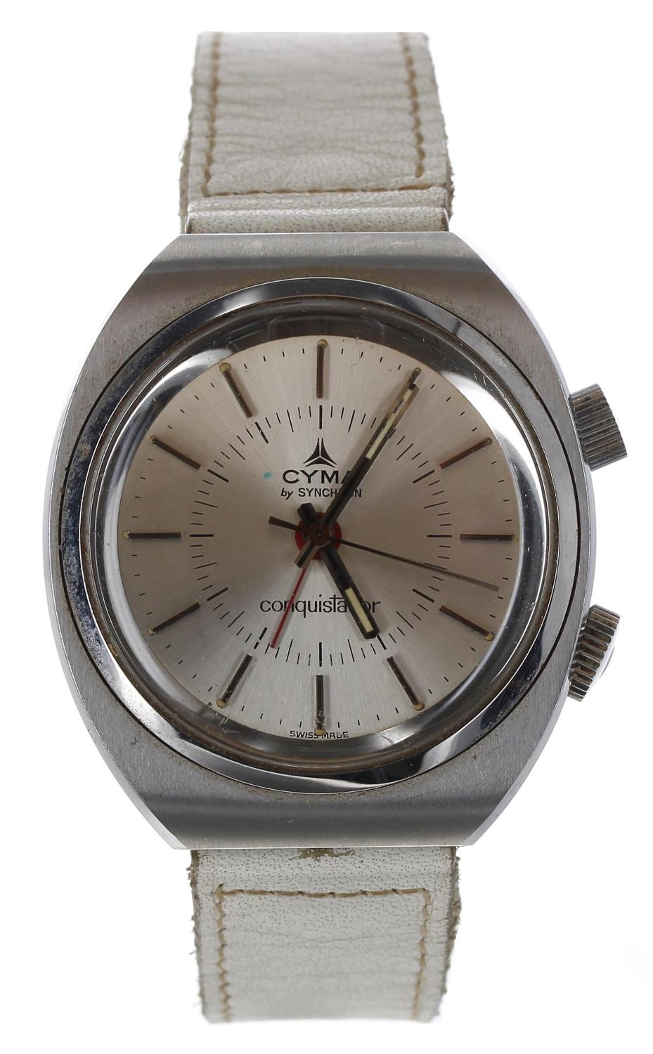 Cyma by Synchron Conquistador Alarm stainless steel gentleman's wristwatch, circular silvered
