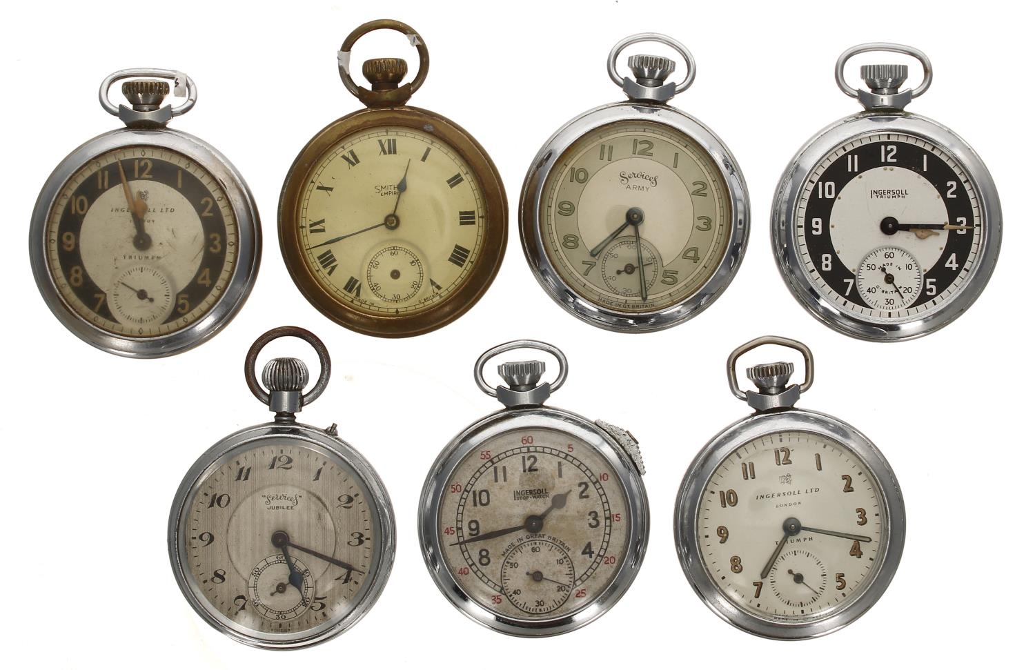 Four Ingersoll chrome cased pocket watches to include Triumph and Stop-Watch; together with Services