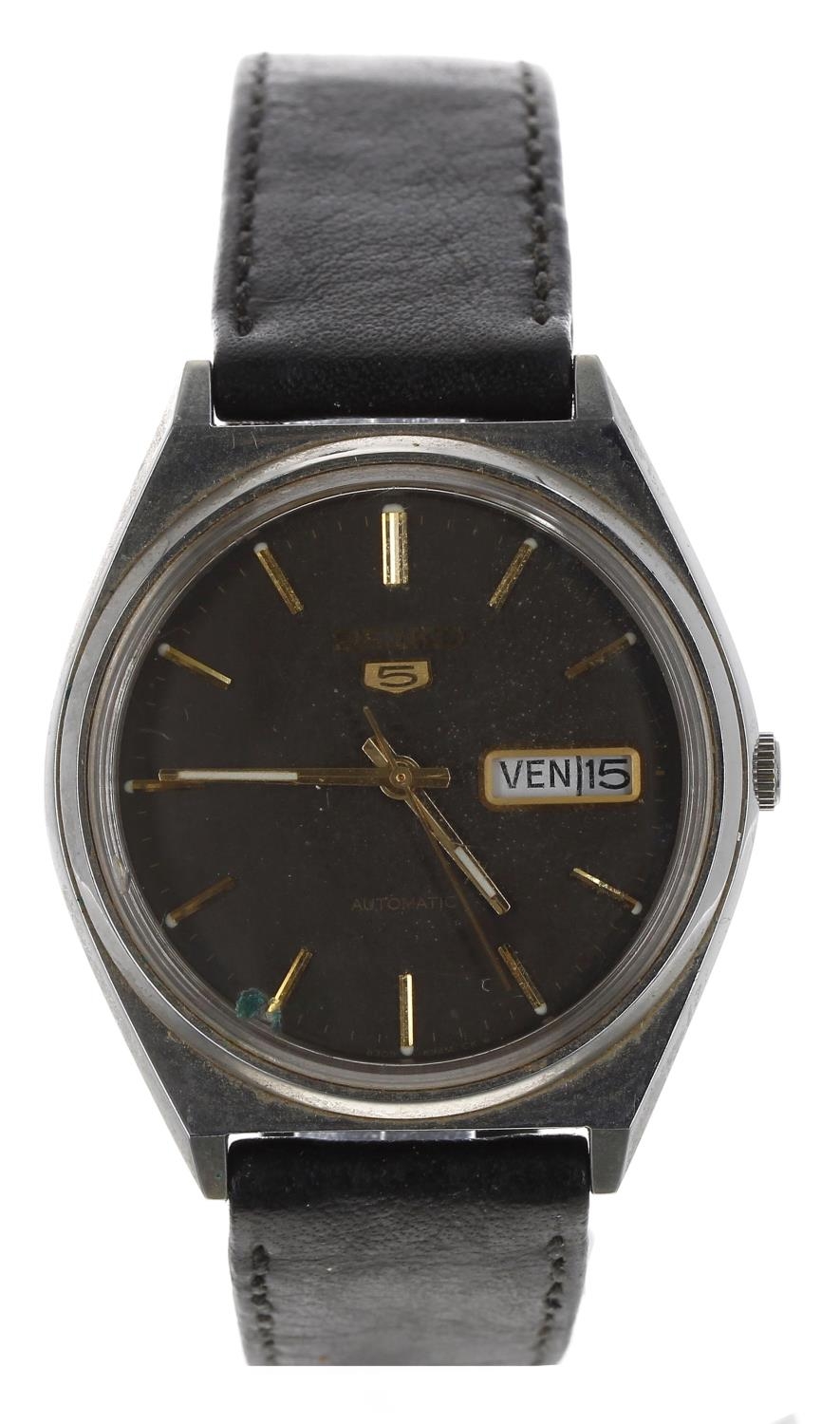 Seiko 5 automatic stainless steel gentleman's wristwatch, reference no. 6309-8970, black dial, black