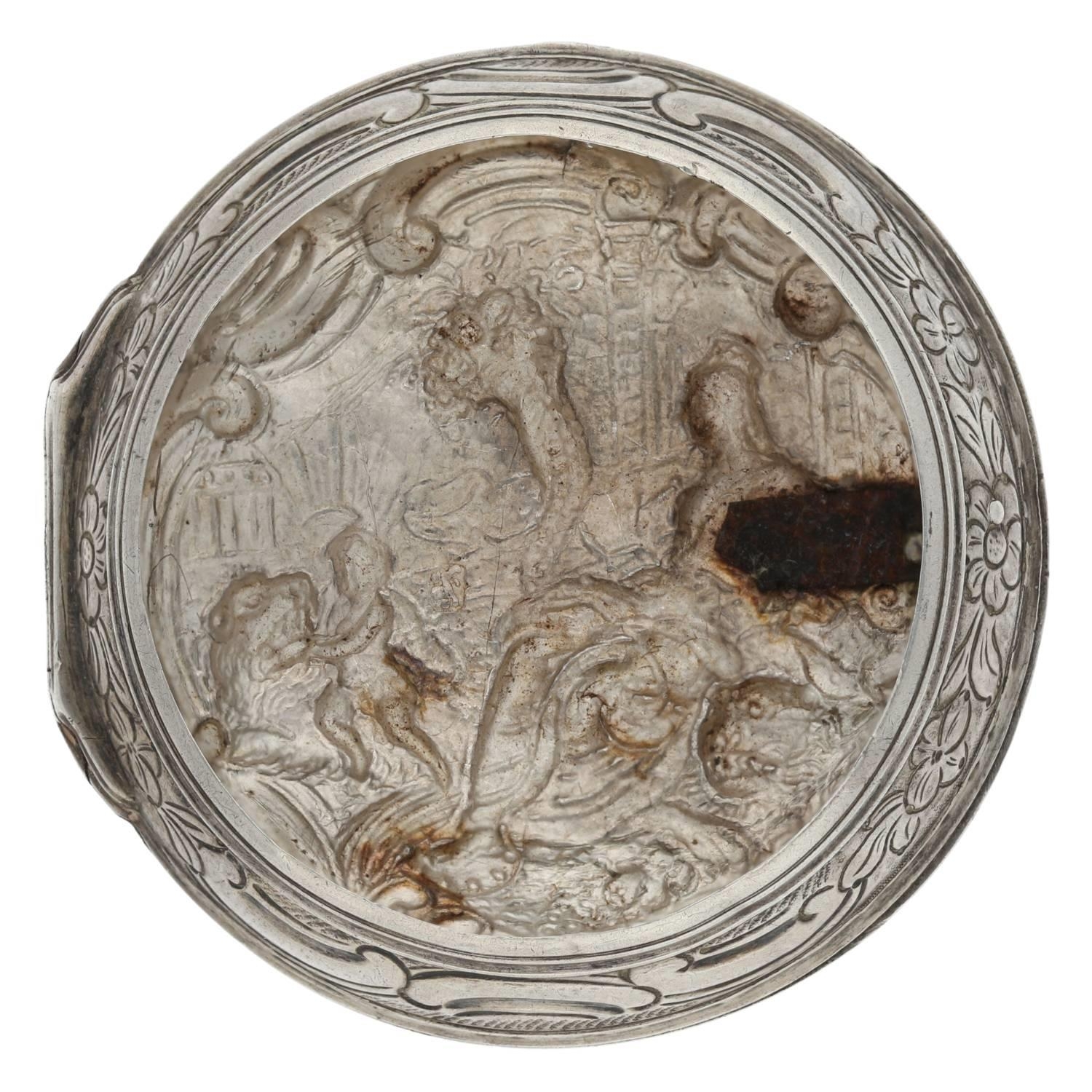 John Wilter, London - George II English silver repoussé pair cased verge pocket watch, London - Image 10 of 10