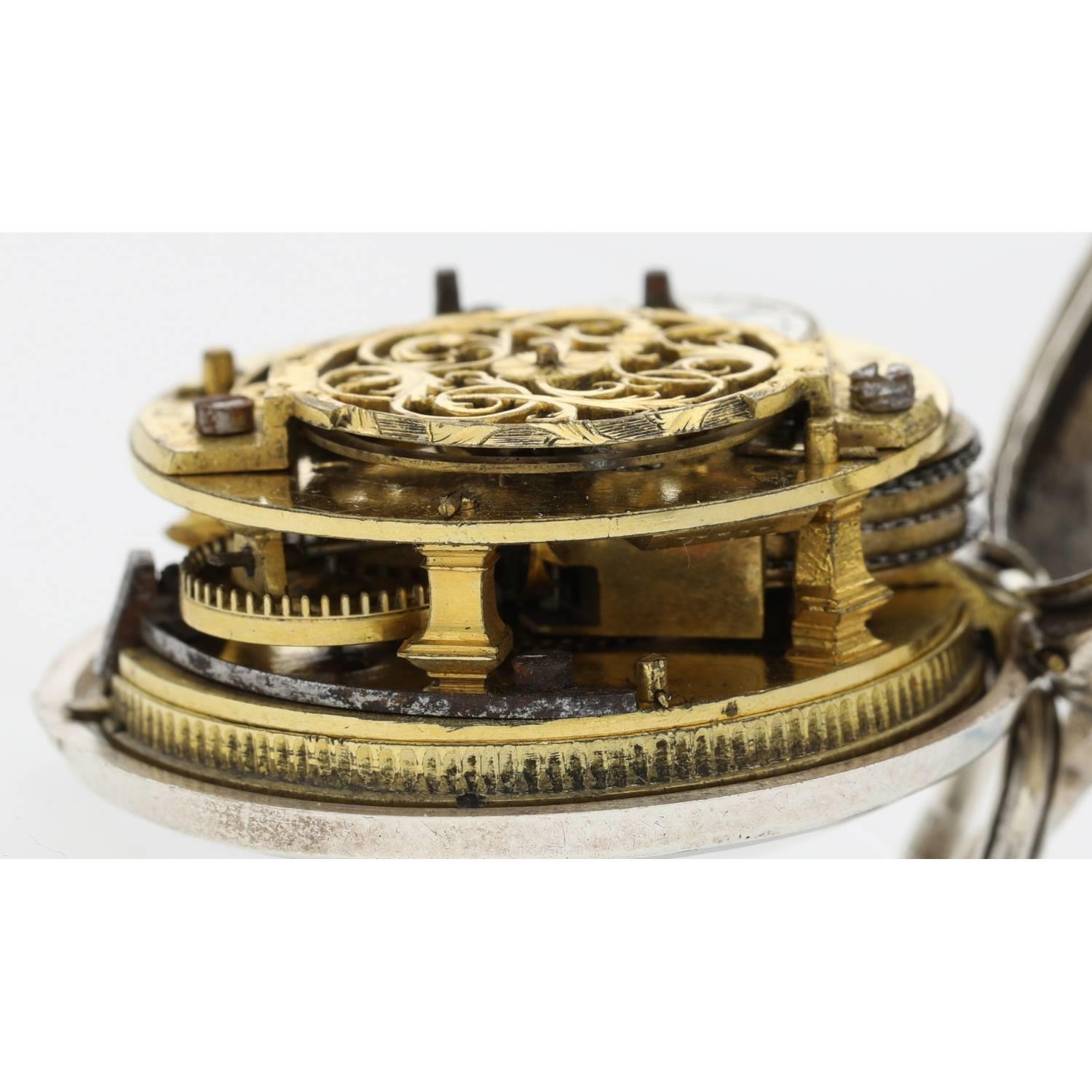 John Wilter, London - George II English silver repoussé pair cased verge pocket watch, London - Image 7 of 10