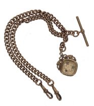 Rose gold plated curb link watch Albert chain, with T-bar, end clasp and a stone set fob, 54.5gm,