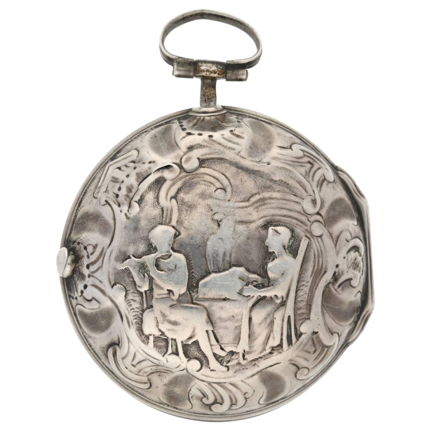 Samson, London - George III English silver repoussé pair cased verge pocket watch, signed fusee - Image 8 of 10