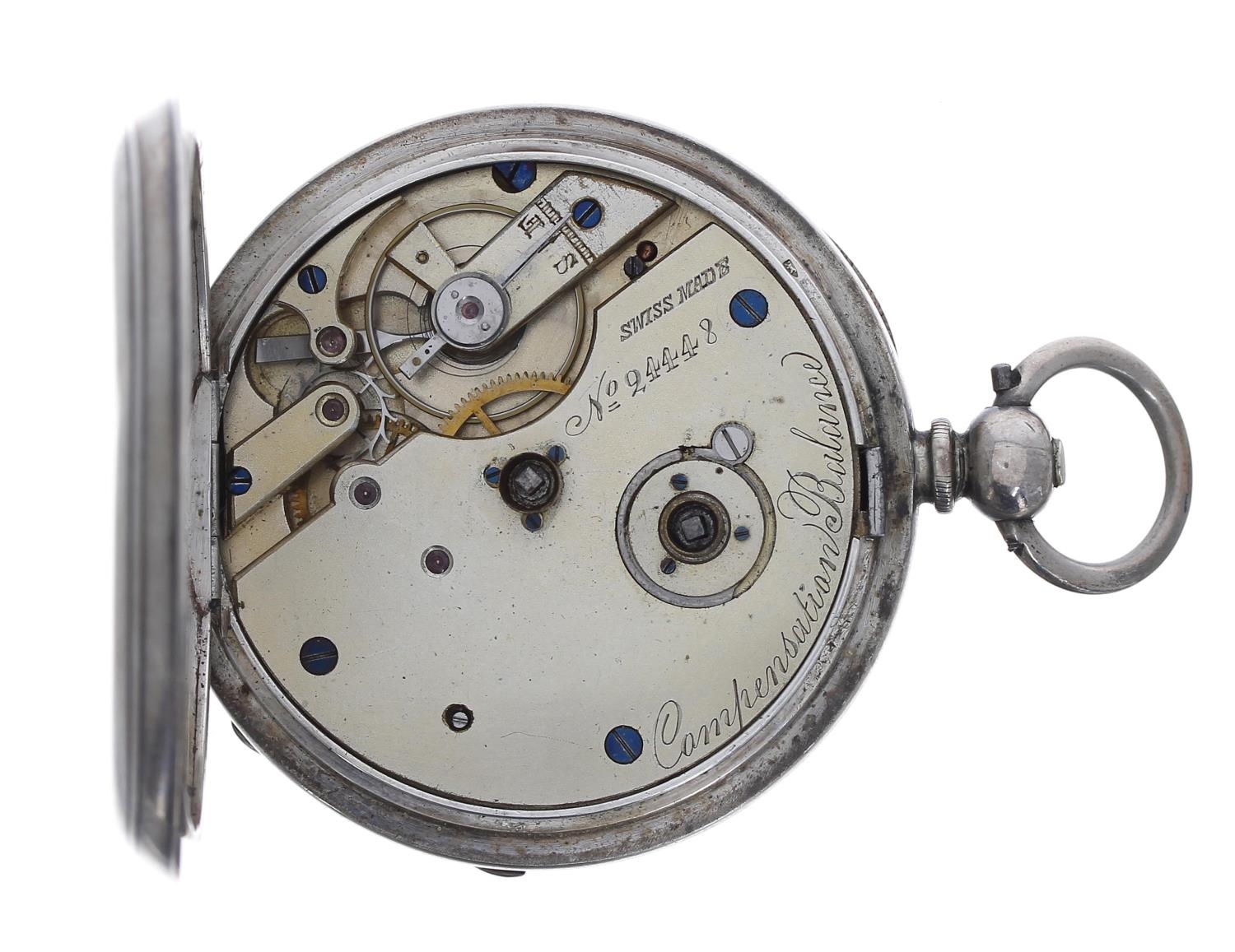 Swiss silver (0.935) lever pocket watch, three quarter plate movement inscribed 'Compensated - Image 3 of 4